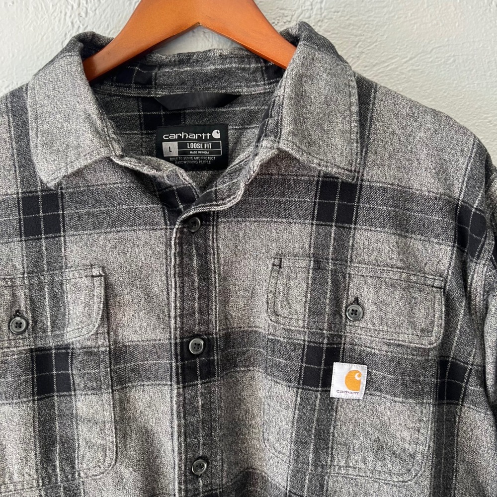 Carhartt TW4451-M Gray Black Plaid Flannel Loose Fit Long Sleeve Shirt Mens L